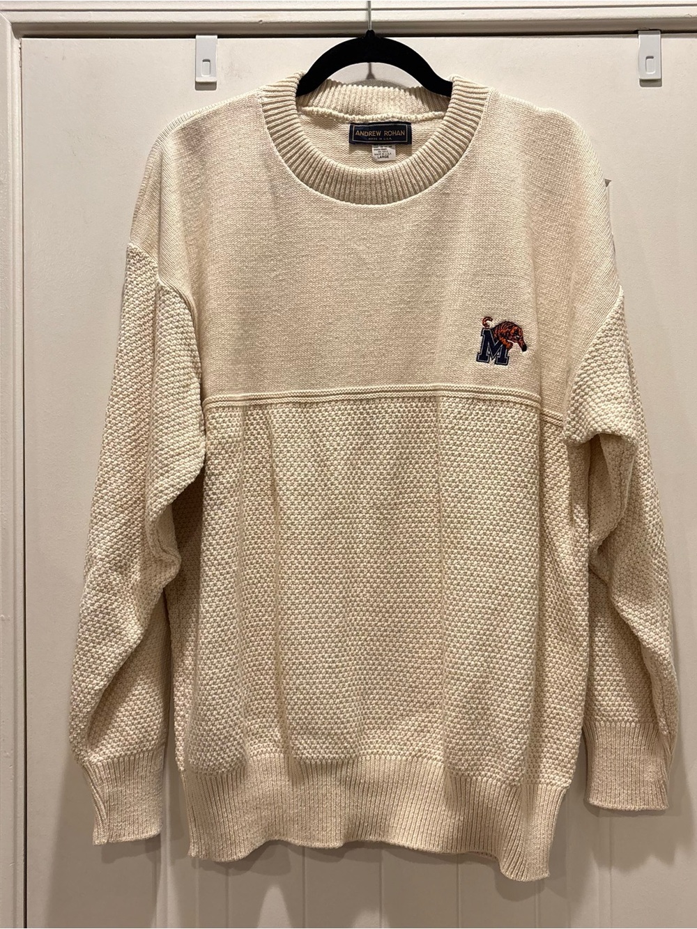 VTG Andrew Rohan Memphis State Tigers Embroidered Sweater Cream Men's Large